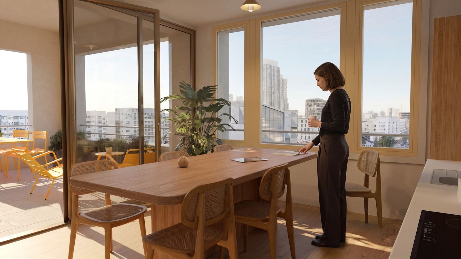 Espace repas ouvert sur une terrasse